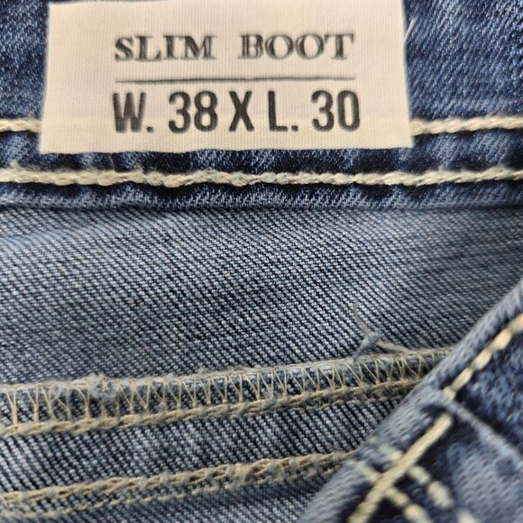 TK Axel Slim Boot Cut Distressed Jeans 38X30 Men's Blue Denim - Picture 7 of 13